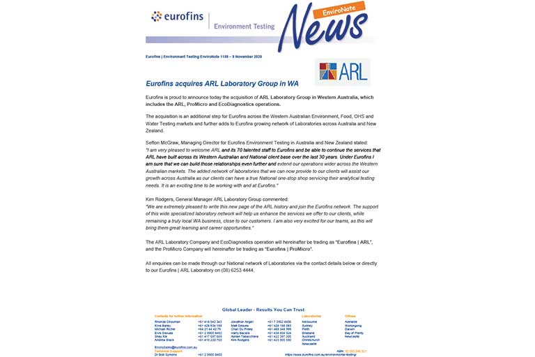 Acquisition of ARL Laboratories