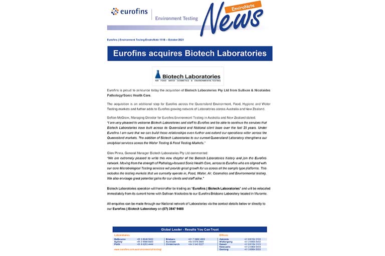 Eurofins acquires Biotech Laboratories